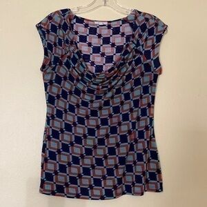 Pleione Red Blue Cap Sleeve Blouse, XS Shirt Cowl Neck